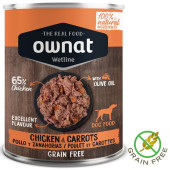 100% Натурална, консервирана храна за кучета OWNAT WETLINE Chicken with Carrots БЕЗ ЗЪРНО, със 65% прясно пилешко месо, моркови и зехтин